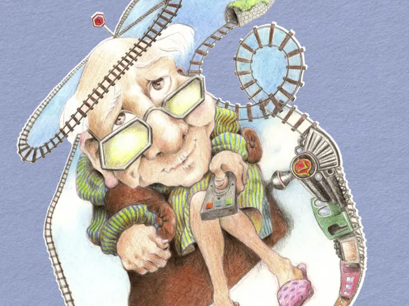 'Der alte Mann spielt mit der Eisenbahn' – Illustration zur Geschichte '3 Wünsche'