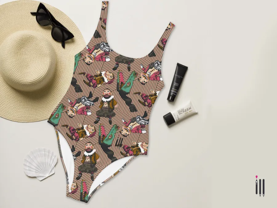 Dieser Badeanzug schmückt sich mit den Kasperlefiguren aus dem Wiener Literaturmuseum